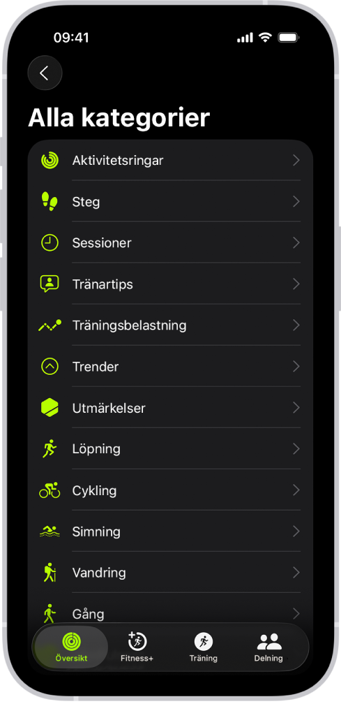 Fitness-skärmen med en lista över träningskategorier.