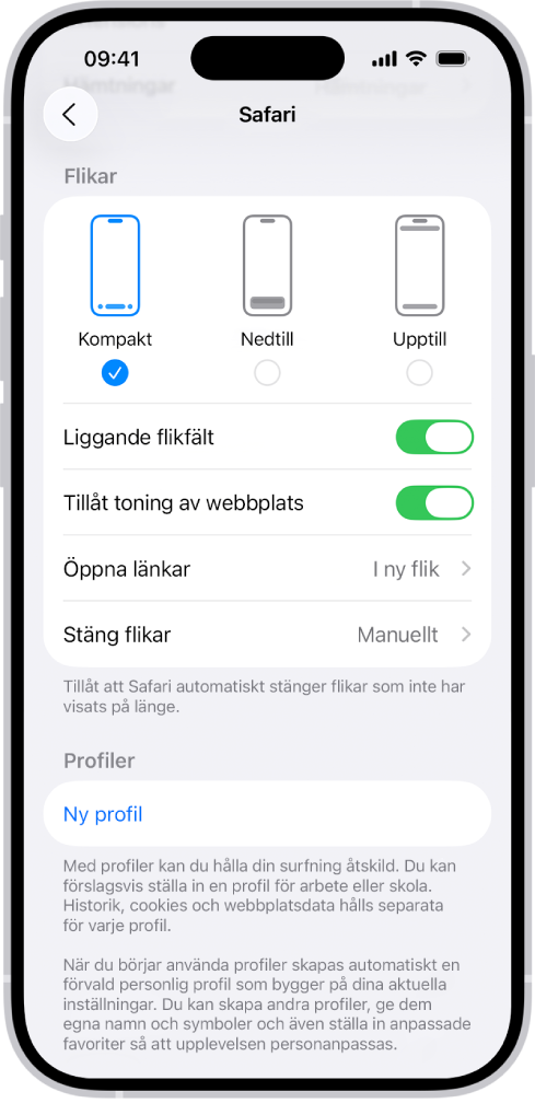 En skärm visar tre layoutalternativ för Safari: Kompakt, Nedtill och Upptill.