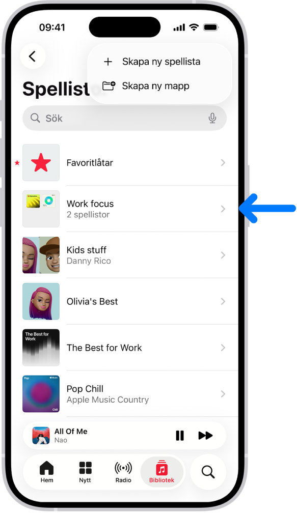 Fliken Bibliotek visar listan med spellistor. Överst finns knappar för att skapa en ny spellista eller skapa en ny mapp. En blå pil pekar mot en spellistemapp med namnet Arbetsfokus.