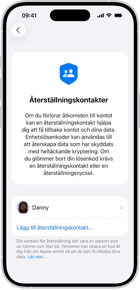 Skärmen Lägg till återställningskontakt.