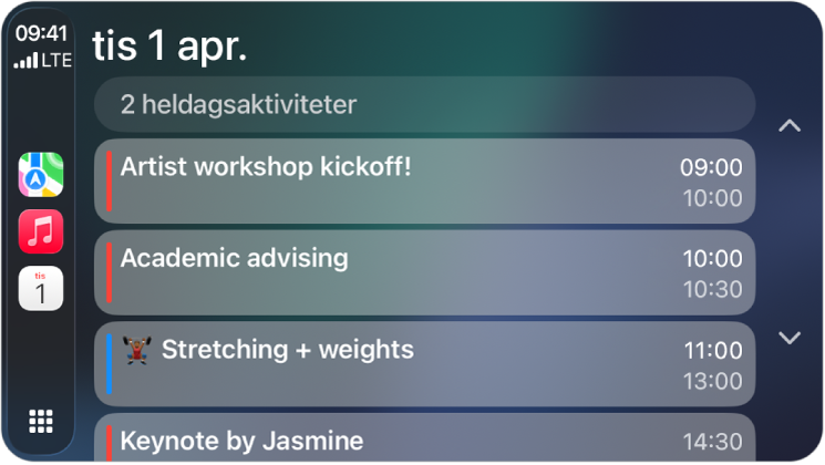 CarPlay med Kartor, Musik och Kalender i sidofältet. Till höger visas aktiviteter för måndagen den 5 juni, med portföljarbete, workshop om ledarskap, förberedelse av presentation och kör.