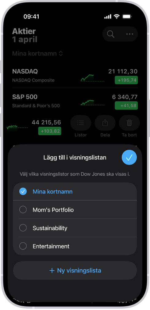 En lista med anpassade visningslistor i appen Aktier: Mina kortnamn, Mammas portfölj, Hållbarhet och Underhållning.