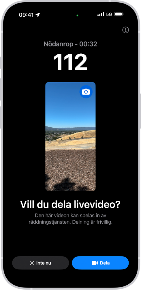 En skärm för Nödanrop SOS med livevideo visar ett telefonsamtal till 112 med en förhandsvisning av en video i mitten. Längst ned finns knappar för Inte nu och Dela video.