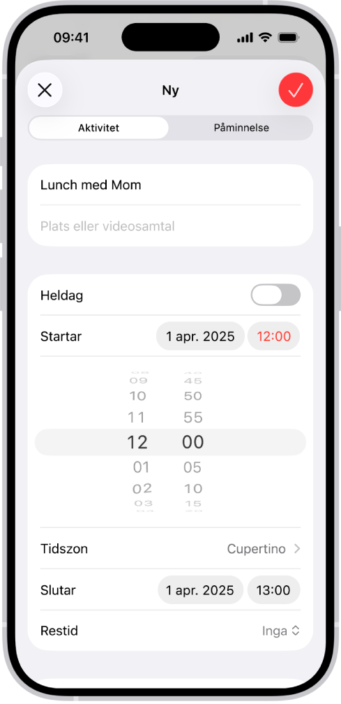 En kalenderaktivitet med inställningar för aktivitetens tid och tidszon.