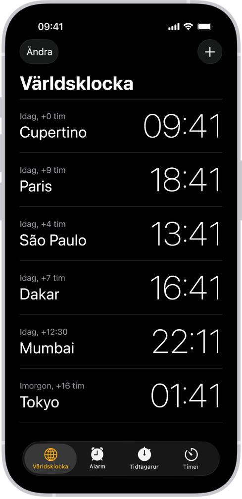 Fliken Världsklocka som visar tiden i olika städer. Högt upp till vänster finns knappen Redigera för att radera eller ändra ordning på klockor. Högt upp till höger finns lägg till-knappen för att lägga till fler klockor. Knapparna Världsklocka, Väckarklocka, Tidtagarur och Timer finns längst ned.