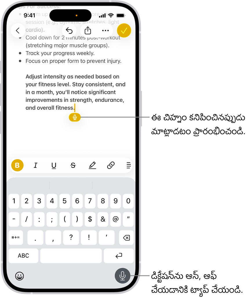 Mail యాప్లో తెరవబడిన స్క్రీన్పై కనిపించే కీబోర్డ్. స్క్రీన్ దిగువ కుడి మూలన ఉన్న డిక్టేషన్ బటన్ ఎంచుకోబడింది, టెక్స్ట్ ఫీల్డ్లో ఇన్సర్షన్ పాయింట్ దిగువన డిక్టేషన్ బటన్ కనిపిస్తుంది.