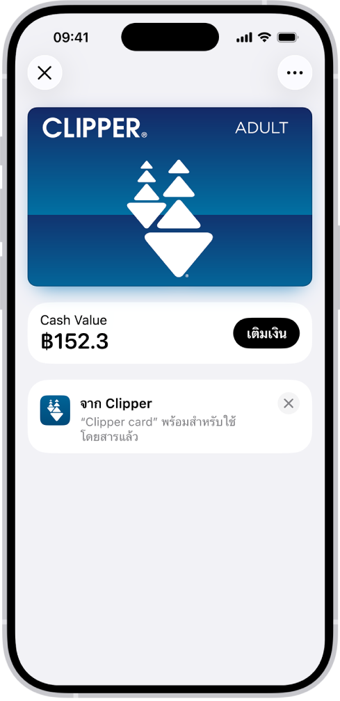 บัตรโดยสารในแอปกระเป๋าสตางค์ ด้านล่างบัตรคือยอดบัตร ซึ่งอยู่ถัดจากปุ่มเติมเงิน