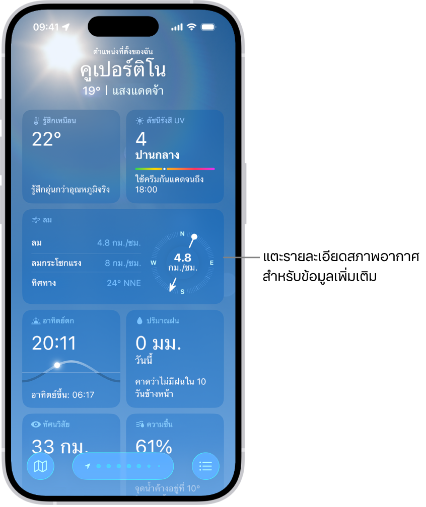 แอปสภาพอากาศที่แสดงตำแหน่งที่ตั้งปัจจุบันที่ด้านบนสุด และด้านล่างลงมาคืออุณหภูมิและสภาพอากาศปัจจุบัน ส่วนที่เหลือของหน้าจอมีรายละเอียดสภาพอากาศ ได้แก่ ดัชนีรังสี UV, ลม และปริมาณฝน