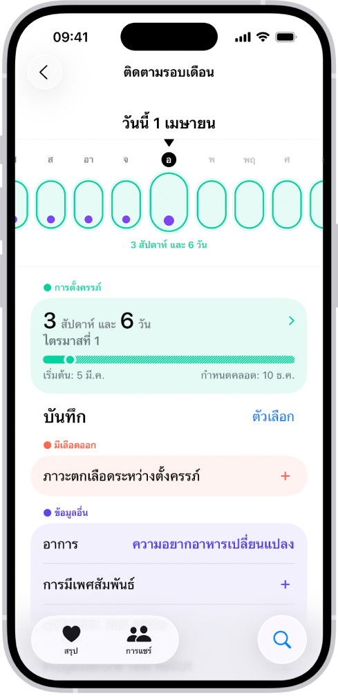 หน้าจอติดตามรอบเดือนที่แสดงไทม์ไลน์การตั้งครรภ์เป็นเวลาหนึ่งสัปดาห์ที่ด้านบนสุดของหน้าจอ วงรีสีเขียวอ่อนและจุดสีม่วงทำเครื่องหมาย 5 วันแรกบนไทม์ไลน์ วงรีสีเขียวอ่อนที่เป็นเส้นประทำเครื่องหมายวันอื่นๆ บนไทม์ไลน์ ที่ด้านล่างไทม์ไลน์คือสรุปการตั้งครรภ์ที่แสดงอายุครรภ์ วันที่เริ่มต้น และวันที่กำหนดคลอดโดยประมาณ ที่ด้านล่างสรุปการตั้งครรภ์คือตัวเลือกต่างๆ สำหรับเพิ่มข้อมูลเกี่ยวกับภาวะตกเลือดระหว่างตั้งครรภ์ อาการ และอื่นๆ