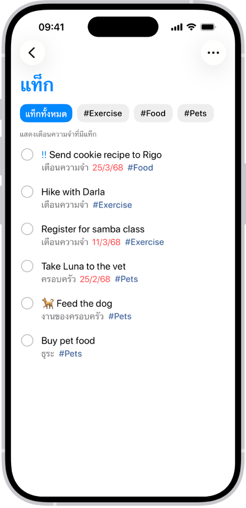 ลิสต์เตือนความจำที่ติดแท็กในแอปเตือนความจำ ปุ่มตามแนวด้านบนสุดแสดงแท็กเพิ่มเติมที่คุณสามารถปรับใช้ได้