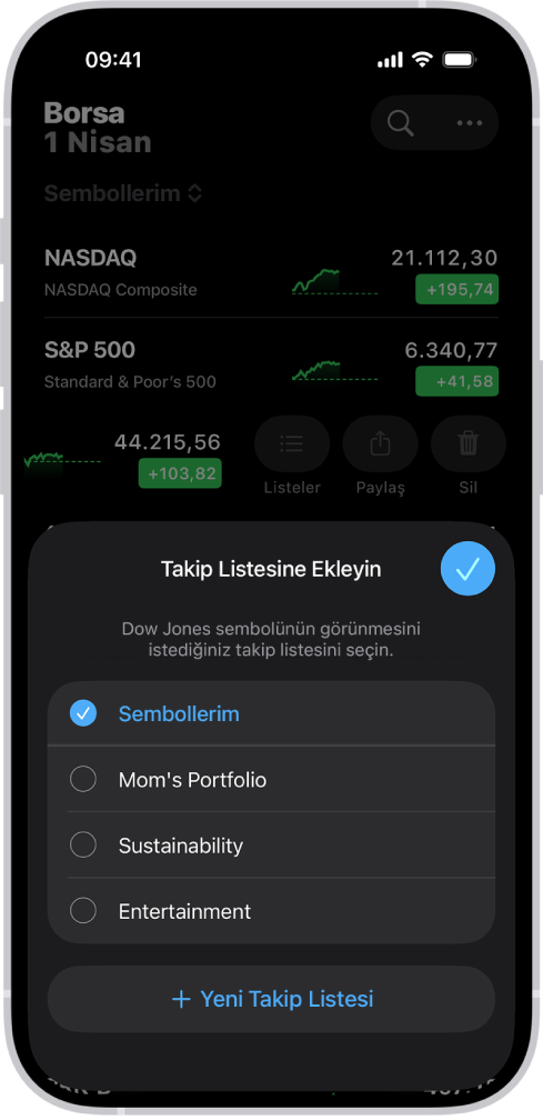 Borsa uygulamasında özelleştirilmiş takip listeleri listesi. Sembollerim, Annemin Portföyü, Sürdürülebilirlik ve Eğlence.