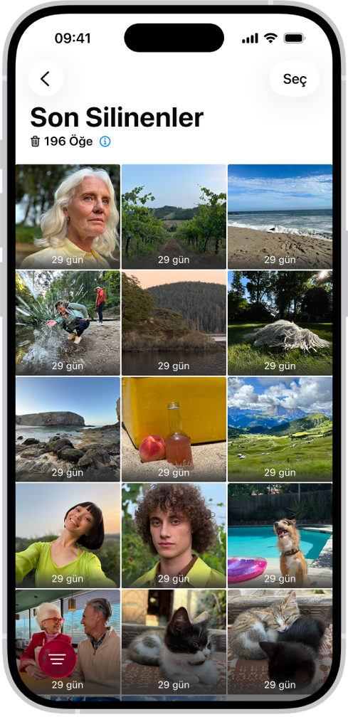 Fotoğraflar uygulamasında Son Silinenler klasörü. Son silinen fotoğraflar, ekrandaki bir ızgarada görünür.