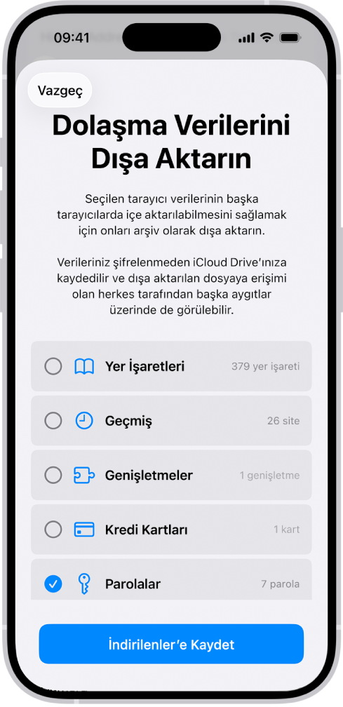 Dolaşma Verilerini Dışa Aktarın ekranında, başka bir parola yöneticisine aktarmak için Parolalar seçeneği seçili.