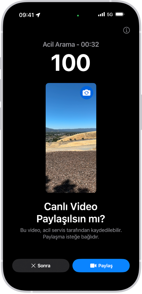 Ortada bir video önizlemesi ile bir 112 telefonu acil aramasını gösteren Acil SOS Canlı Video ekranı. Altta, Şimdi Değil ve Videoyu Paylaş düğmeleri var.