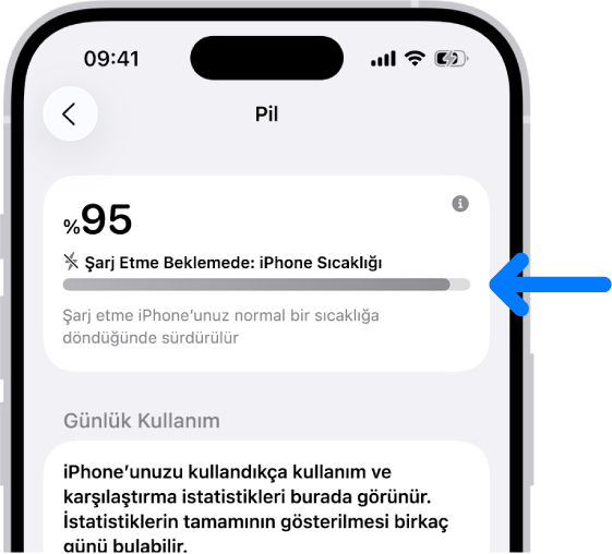 iPhone Pil ayarlarında şarj etme bilgi kartı. Kart, “Şarj Etme Beklemede: iPhone Sıcaklığı” mesajı ile pili %95’te gösteriyor. Aşağıdaki bir not, iPhone’un sıcaklığı normale döndüğünde şarj etmenin sürdürüleceğini belirtiyor.