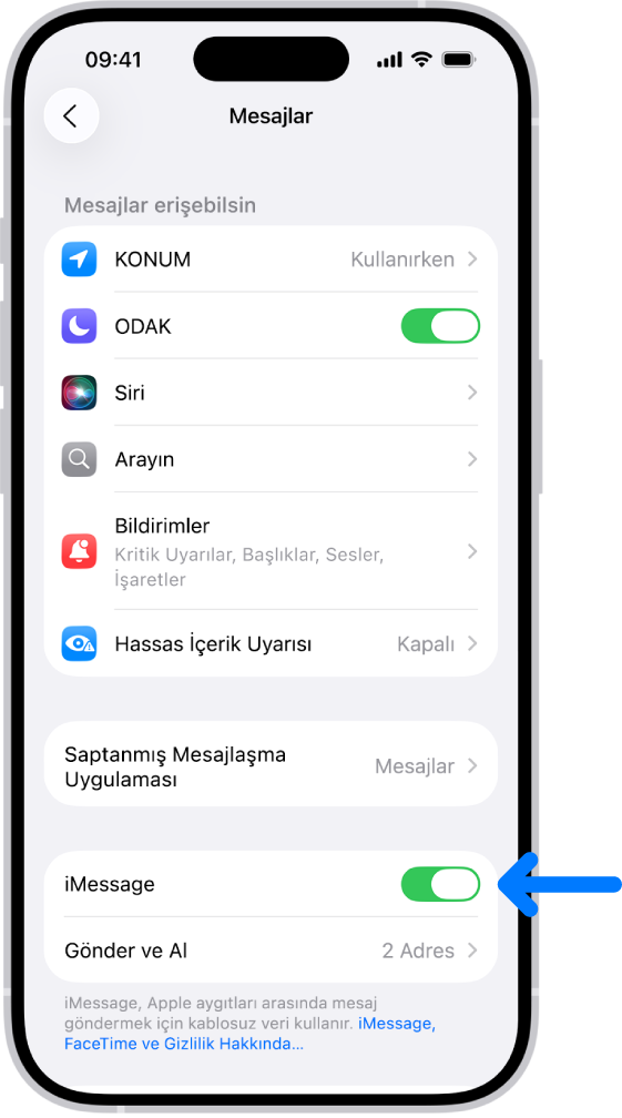 iMessage açık olan Mesajlar ayarları bölümü.