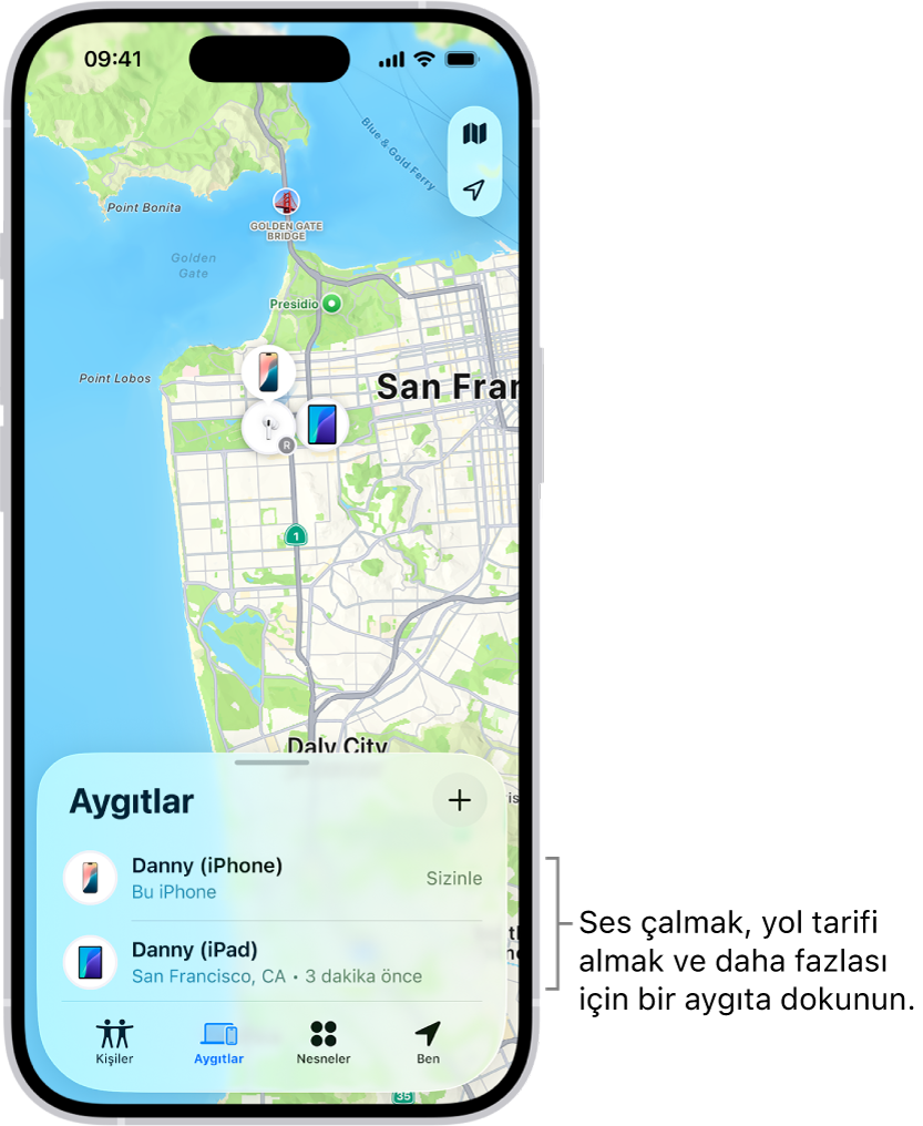 Bul ekranı Aygıtlar listesinde açılmış. Aygıtlar listesinde iki aygıt var: Deniz iPhone’u ve Deniz iPad’i. Konumları bir haritada gösteriliyor.
