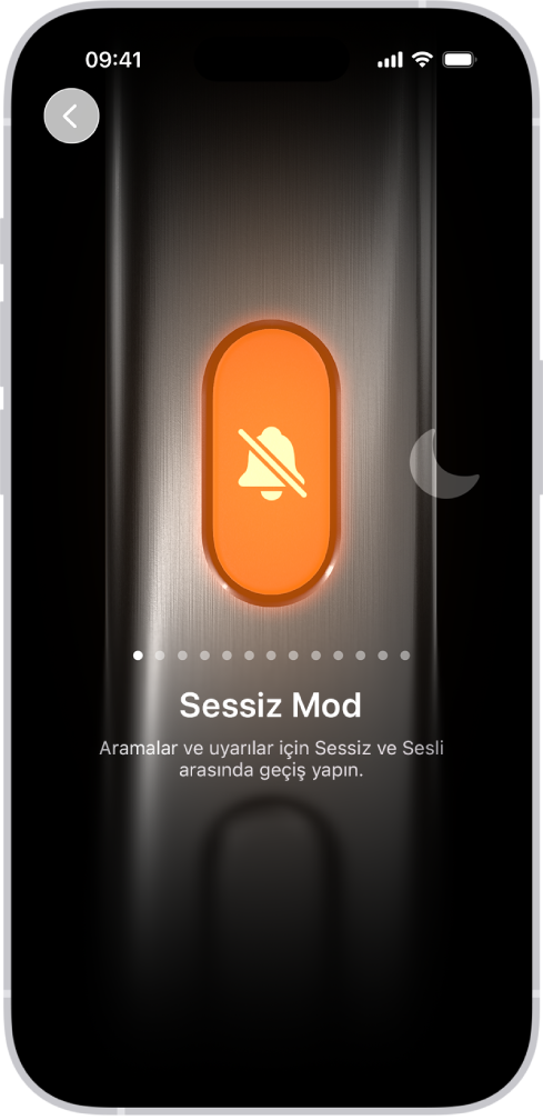 Eylem düğmesini özelleştirme ekranı. Seçilen eylem Kamera. Kameranın sağ ve sol tarafında Rahatsız Etme ve El Feneri de dahil olmak üzere diğer özellikler görünüyor. Eylemlerin altında, başka bir eyleme geçmek için dokunabileceğiniz noktalar var. Seçilen Kamera eyleminin altında, Eylem düğmesine atayabileceğiniz Kamera seçeneklerinin bir menüsü var.