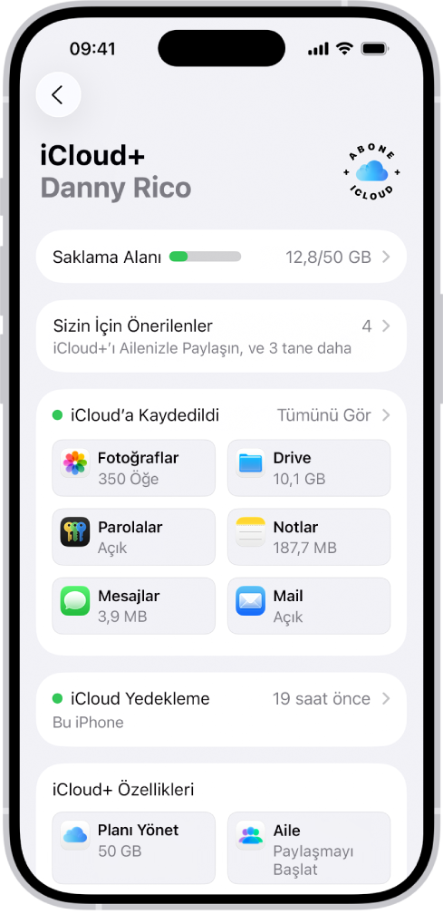 iCloud ayarları ekranında iCloud saklama alanı ölçer ile uygulama ve özellik listesi gösteriliyor.