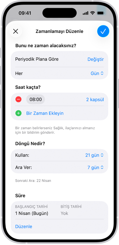 Sağlık’taki İlaçlar ekranı, bir ilacın planını değiştirme seçeneklerini gösteriyor.