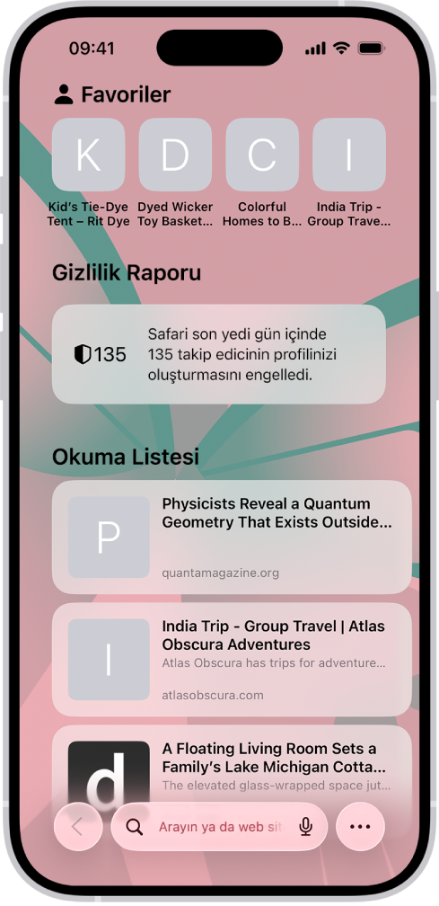 Safari’deki başlangıç sayfası; favori web sitelerini, Gizlilik Raporu’nu ve Okuma Listesi’ne kaydedilmiş web sitelerini gösteriyor.