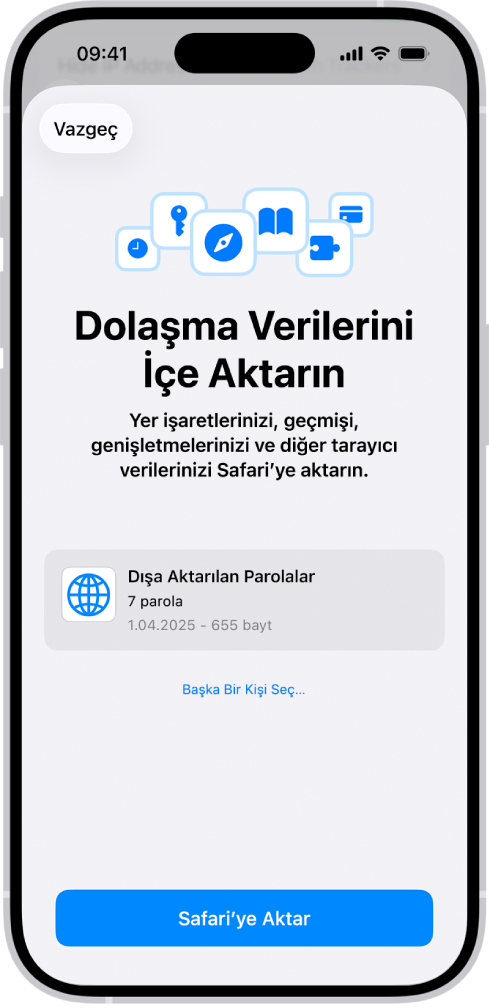 Dolaşma Verilerini İçe Aktarın ekranında içe aktarılacak, başka bir parola yöneticisine ait parolaların CSV dosyası gösteriliyor.