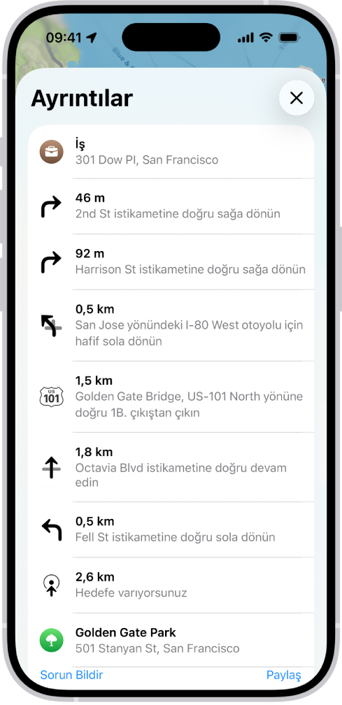 Güzergâha ait, liste olarak gösterilen adım adım yol tarifi.