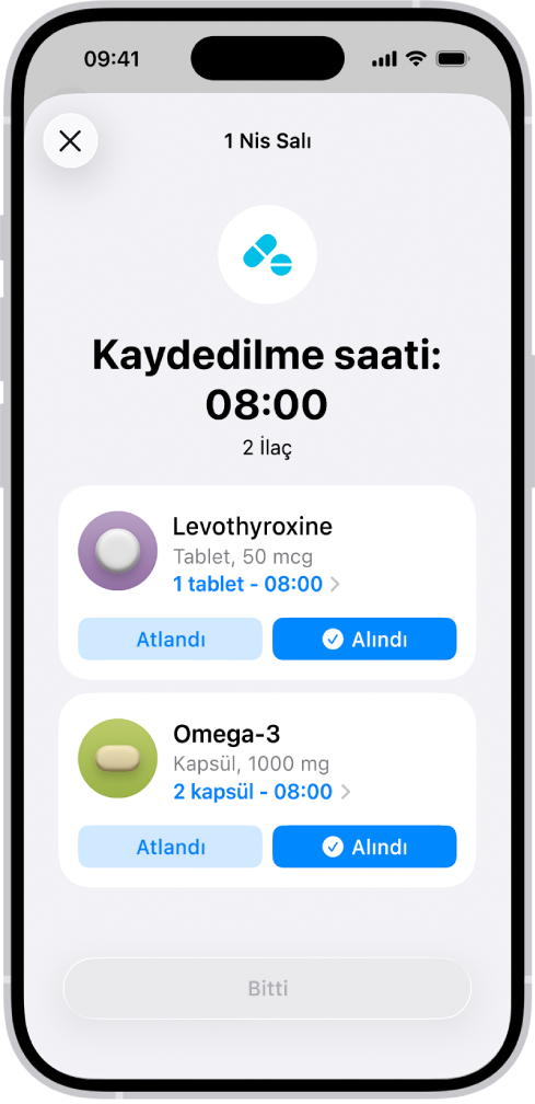 Sağlık’taki İlaçlar ekranı, ilaçların günlüğünü gösteriyor.