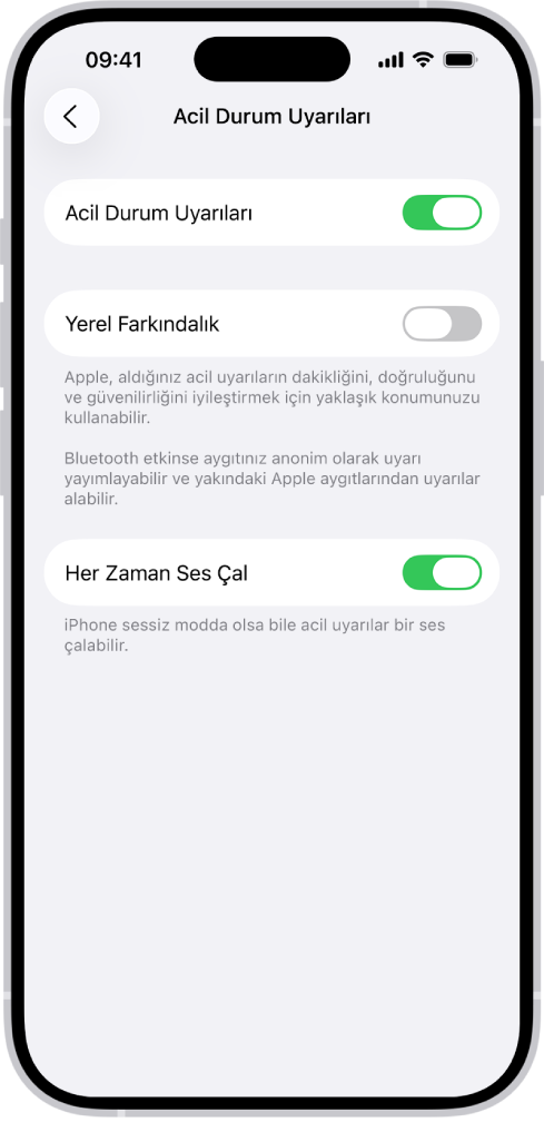 Acil Durum Uyarıları ekranı; Acil Durum Uyarıları, Yerel Farkındalık ve Her Zaman Ses Çal seçenekleri açık.