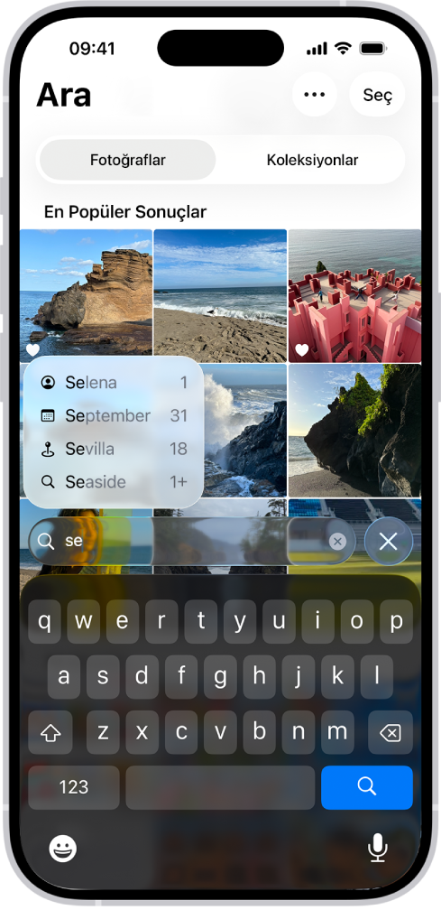 Fotoğraflar uygulamasındaki Ara ekranı, arama alanına girilen metne göre arama önerilerini gösteriyor.