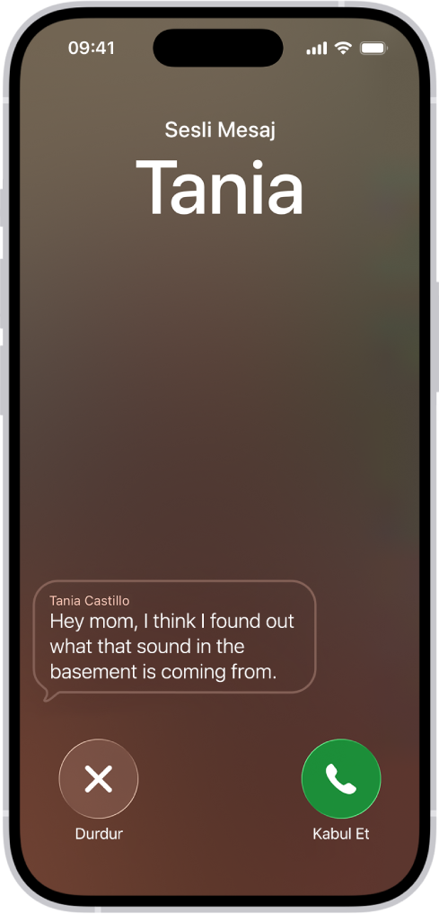 Bir kişiden gelen canlı sesli mesajı gösteren bir arama ekranı. Yazıya çevrilen mesajın altında aramaya yönelik Durdur ve Kabul Et düğmeleri var.