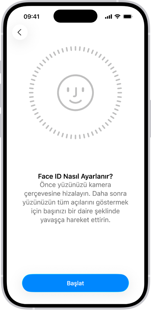 Face ID tanıma ayarlama ekranı. Ekranda, daire içine alınmış bir yüz gösteriliyor. Yüzün alt tarafında, kullanıcıya daireyi tamamlamak için kafasını yavaşça hareket ettirmesini söyleyen bir metin var.