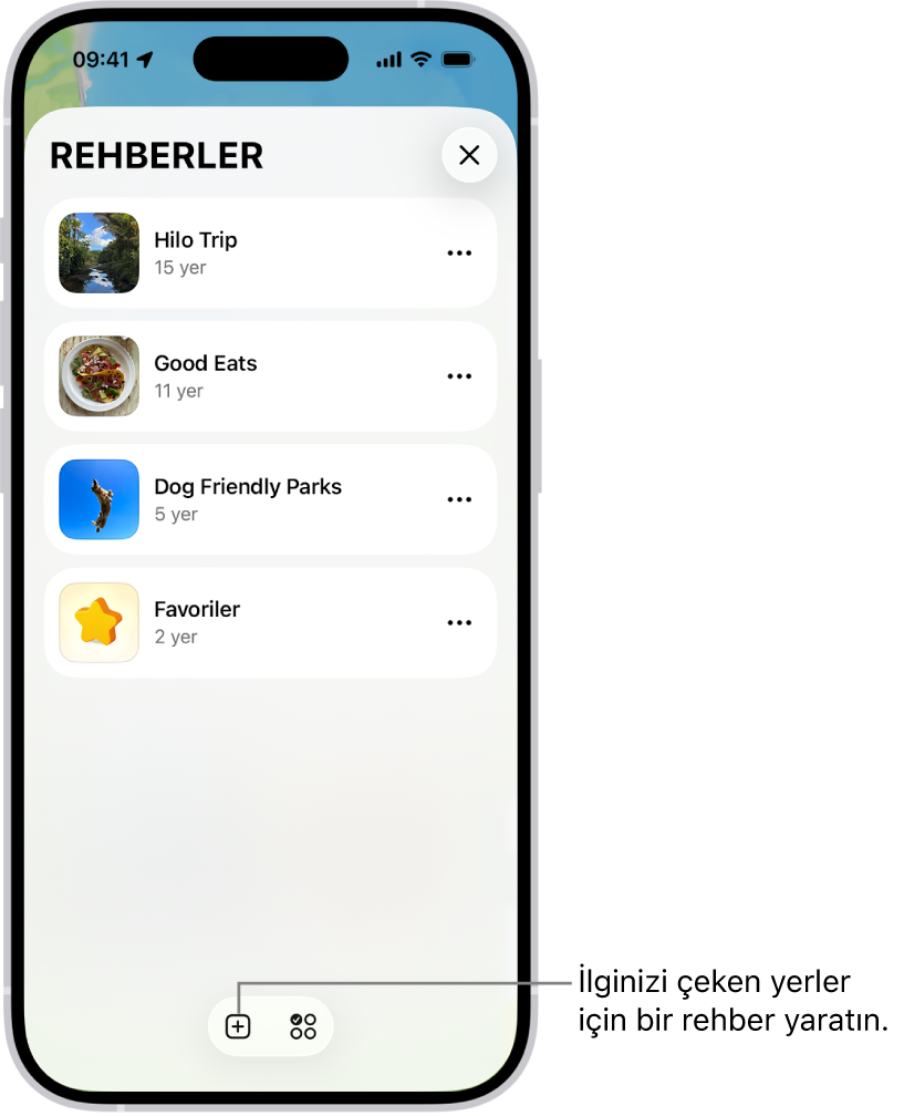 Favoriler kategorisi ve sağ altta Yeni Rehber düğmesi de dahil olmak üzere Harita’da birçok özel rehberin listesi.