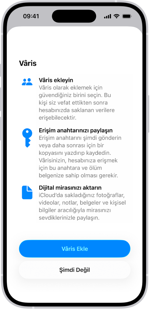 Kurtarma Kişisi Ekle ekranı, kurtarma kişisi olarak seçilebilecek önerilen kişileri ve başka birini seçme seçeneğini gösteriyor.