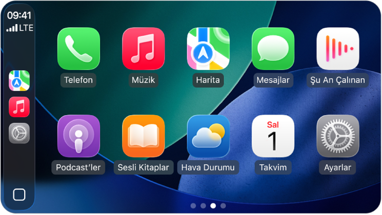 Kenar çubuğunda Harita, Müzik ve Mesajlar uygulamalarını gösteren CarPlay Ana Ekranı. Sağ tarafta Sesli Kitaplar, Takvim, Harita, Mesajlar, Müzik, Şu An Çalınan, Telefon ve Podcast’ler uygulamaları var.