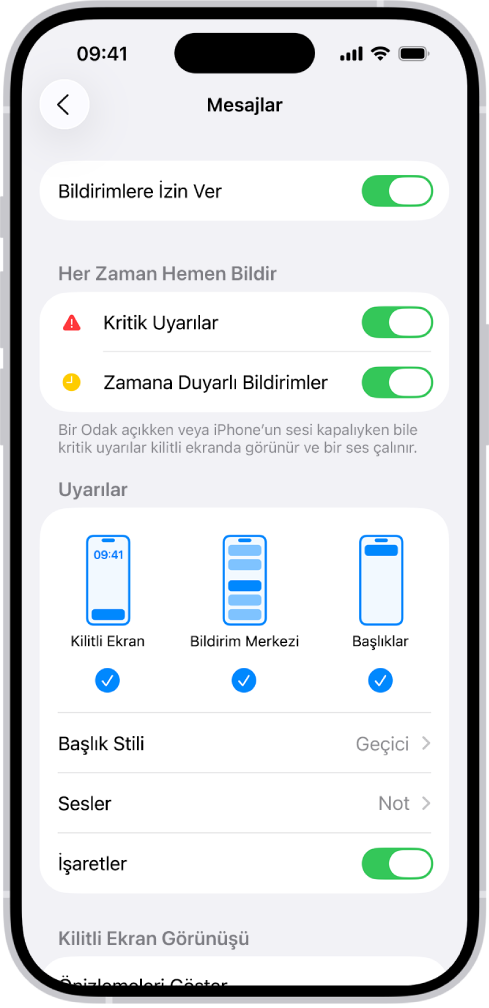 Ayarlar’da Mesajlar Bildirim ayarları.