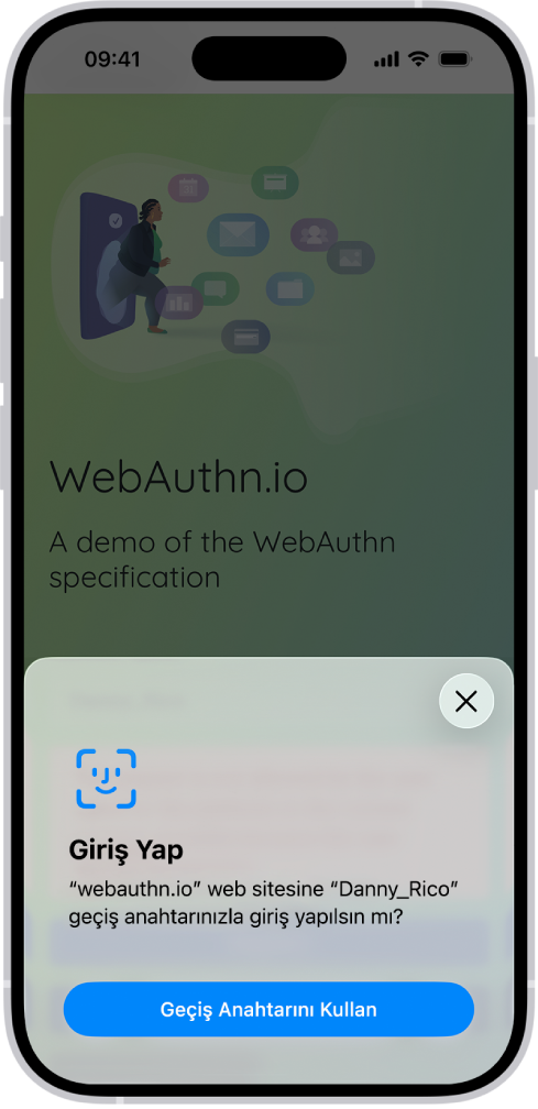 iPhone ekranının alt yarısı, bir web sitesine giriş yapmak için geçiş anahtarını kullanma seçeneğini gösteriyor.