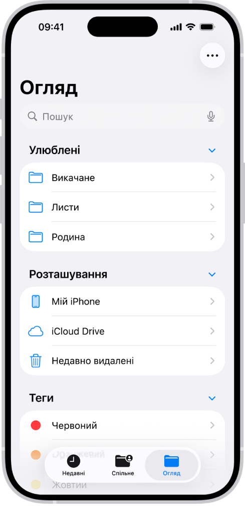 Програма «Файли», у якій відображено кілька папок і місць із назвами «Викачування», «Листи», «Родина» і так далі. Унизу екрана — кнопки для файлів «Недавні» та «Спільні», а також для вкладки «Огляд».