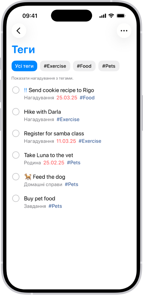 Список нагадувань з тегами в програмі «Нагадування». Кнопки зверху показують додаткові теги, які можна застосувати.