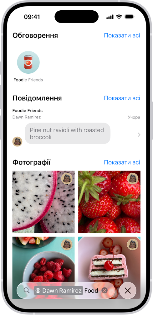 Результати пошуку в програмі «Повідомлення». Поле пошуку містить тег, що обмежує пошук повідомленнями від однієї людини.