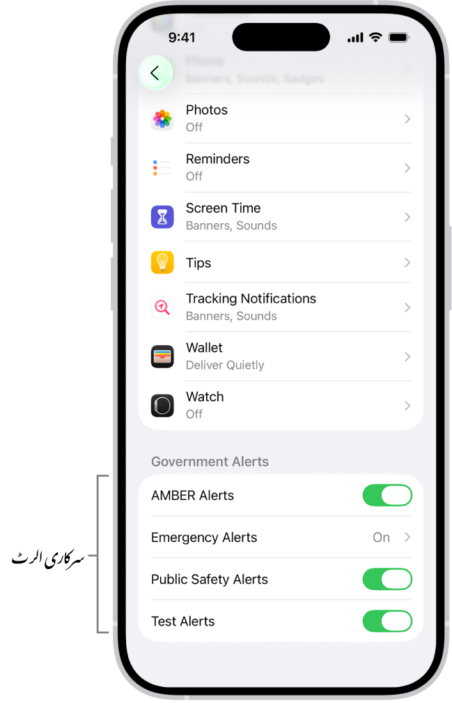 سرکاری الرٹ دکھانے والی اطلاعاتی اسکرین جسے چالو کر کے آپ سرکاری الرٹ موصول کر سکتے ہیں۔