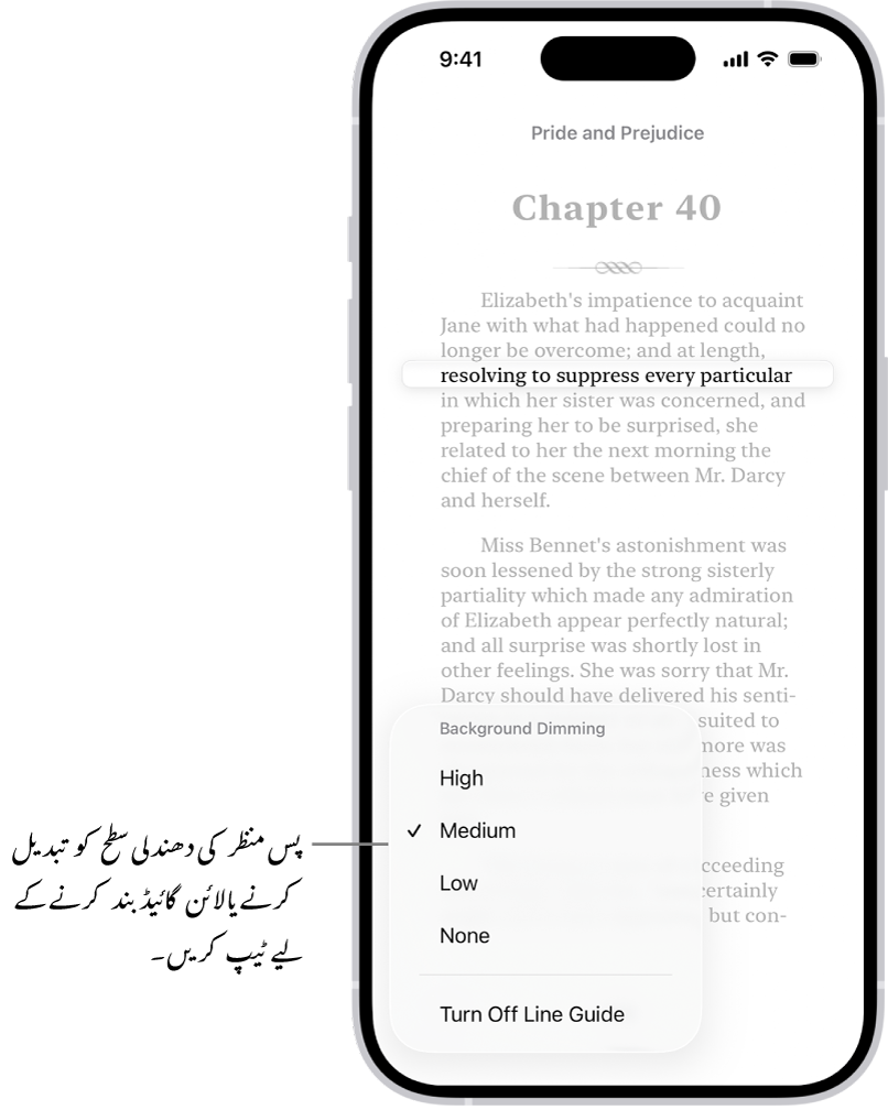کتاب ایپ میں کتاب کا صفحہ۔ ہائی لائٹ کی گئی متن کی ایک لائن اور دھندلا کیا گیا باقی متن۔ اسکرین کے نچلے بائیں کونے میں موجود لائن گائیڈ مینو بٹن۔