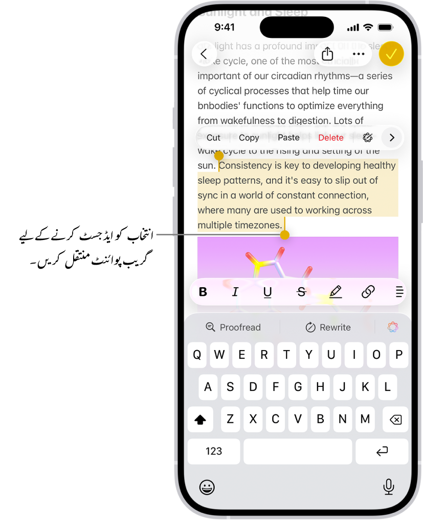 متن نوٹ ایپ میں نوٹ میں منتخب کیا گیا ہے۔ منتخب کردہ متن کے اوپر کٹ، کاپی، پیسٹ اور آٹو فل بٹن ہیں۔ منتخب کردہ متن کو ہائی لائٹ کیا گیا ہے، جس کے دونوں سرے پر انتخاب کو ایڈجسٹ کرنے کے لیے گریب پوائنٹ ہیں۔