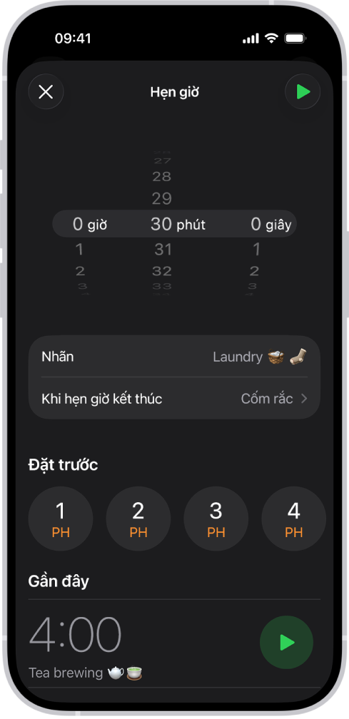 Một màn hình để thêm hẹn giờ, với các cài đặt để đặt hẹn giờ và một nút để bắt đầu hẹn giờ đã tạo gần đây.