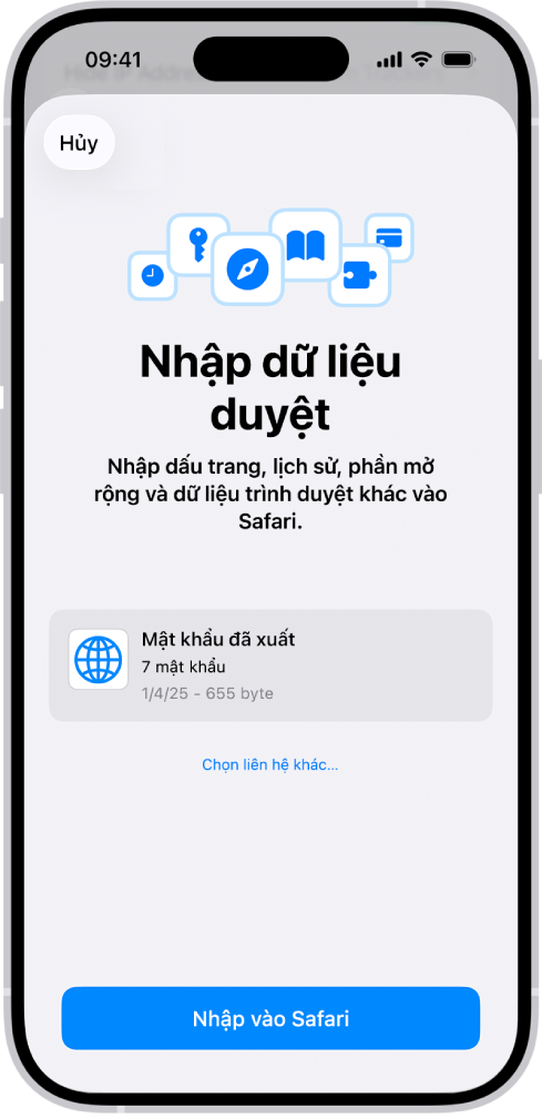 Màn hình Nhập dữ liệu duyệt đang hiển thị tệp CSV của mật khẩu từ một trình quản lý mật khẩu khác sẽ được nhập.