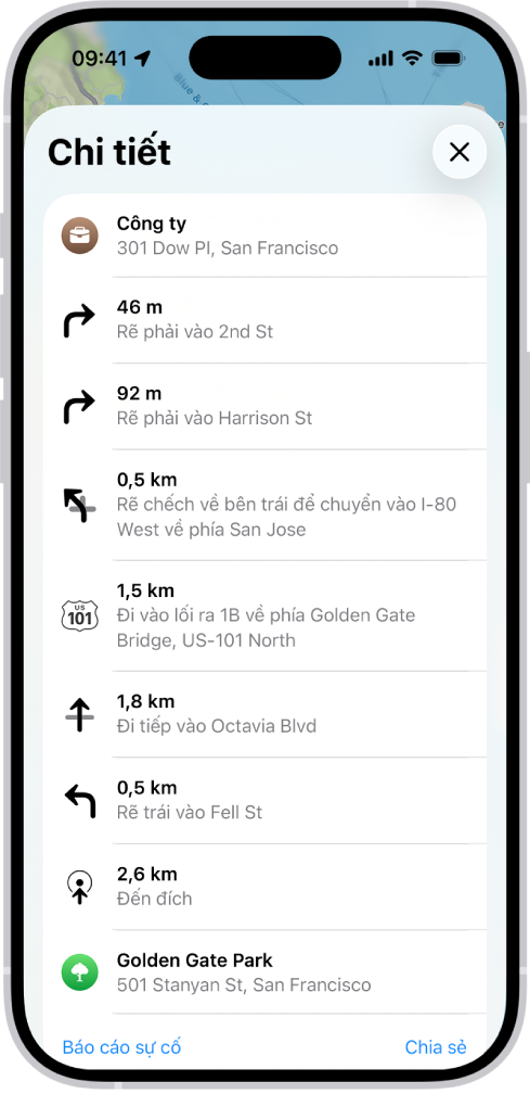 Các chỉ đường từng bước của một lộ trình được hiển thị trong một danh sách.