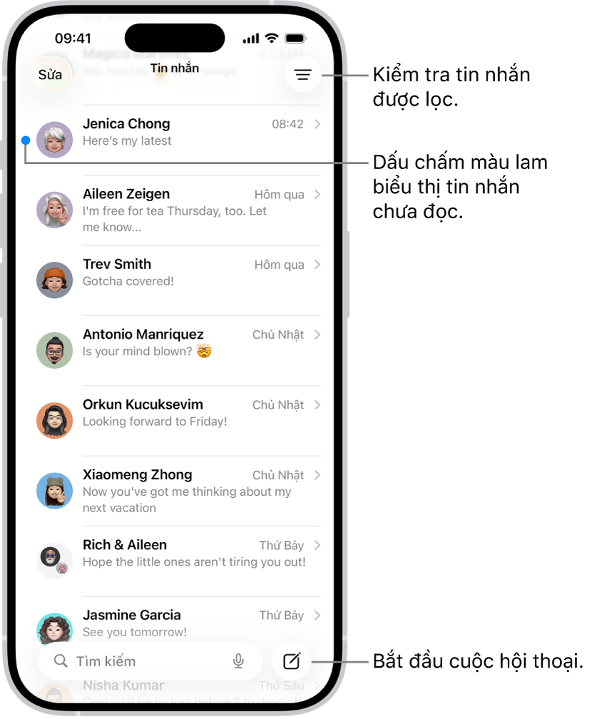 Danh sách cuộc hội thoại Tin nhắn, với nút Soạn ở dưới cùng bên phải. Một dấu chấm màu lam ở bên trái của tin nhắn cho biết rằng tin nhắn chưa được đọc.