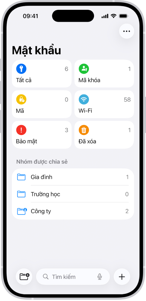 Màn hình chính cho ứng dụng Mật khẩu, với các nút Tất cả, Mã khóa, Mã xác minh, Wi-Fi, Bảo mật và Đã xóa, cùng với danh sách Nhóm đã chia sẻ.
