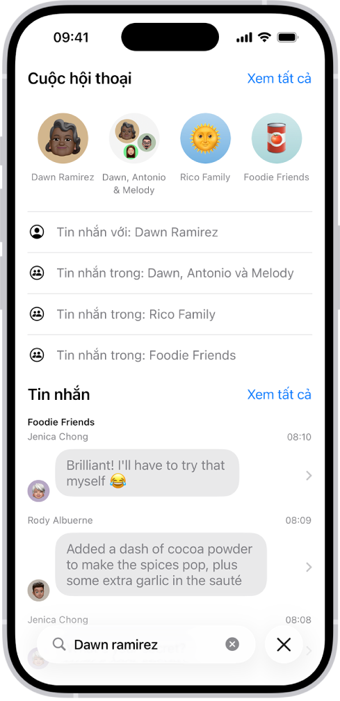 Trường tìm kiếm trong ứng dụng Tin nhắn xuất hiện ở cuối màn hình. Trường tìm kiếm chứa tên của một người và một số tùy chọn khớp với tìm kiếm xuất hiện ở bên trên.