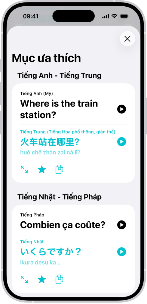 Tab Mục ưa thích, đang hiển thị các cụm từ đã lưu được dịch từ Tiếng Anh sang Tiếng Trung và Tiếng Pháp sang Tiếng Nhật.